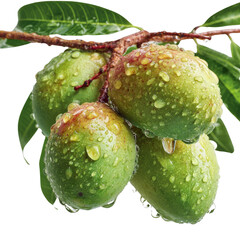 Transparent green fruit drop on natural leafy branch close-up photography outdoor environment nature concept