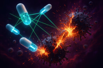 Medical Pills Combatting A Virus In A Dark Abstract 3D Rendering