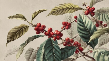 Vintage botanical illustration of coffee plant with red berries and green leaves