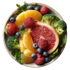 Fresh and transparent fruit salad featuring broccoli kitchen countertop photography bright close-up view