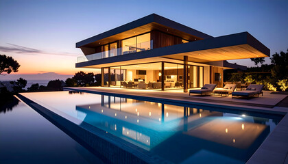 Modern Luxury Villa with Infinity Pool at Sunset