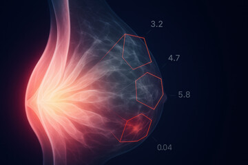 Medical Mammography Scan Displaying Breast Tissue Analysis With Highlighted Areas And Data Points