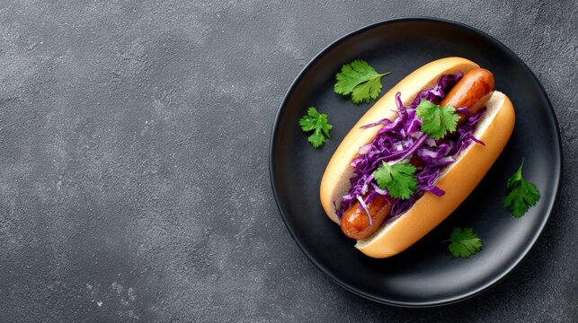 Hot dog day. Delicious hot dog topped with vibrant purple cabbage and fresh cilantro on a sleek black plate, perfect for National Hot Dog Day celebrations