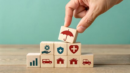 Securing your future: Arranging wooden blocks with icons representing protection, care, and investment for a prosperous tomorrow.