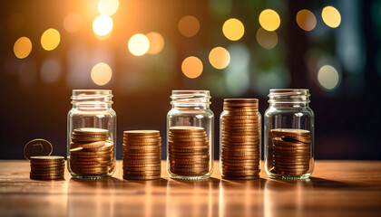 Golden Coins Stacked In Glass Jars On Wooden Table With Bokeh Lights Background