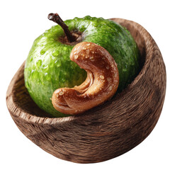 Transparent green apple and cashew nut in rustic bowl food photography natural lighting close-up perspective