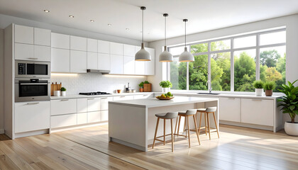 Modern White Kitchen with Sunlight and Island