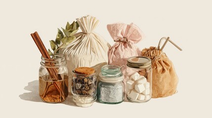 Eco-friendly storage solutions with glass jars and fabric bags for aesthetic home organization