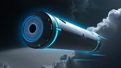 Fototapeta premium Celestial Core: Advanced Cylindrical Spacecraft Piercing the Void with Luminous Precision 