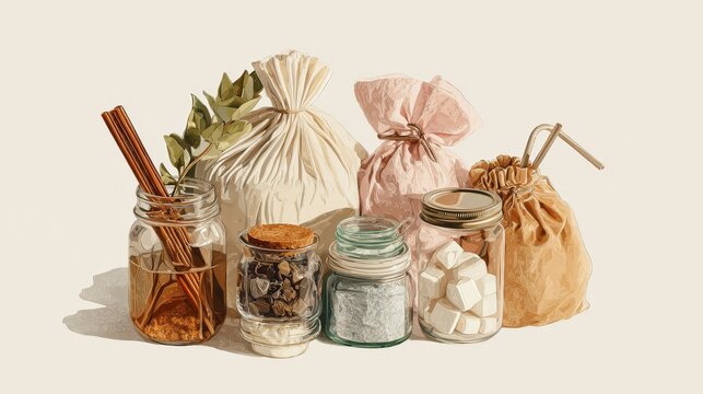 Eco-friendly storage solutions with glass jars and fabric bags for aesthetic home organization