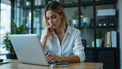 Focused Woman Working on Laptop in Office