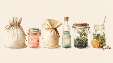 Eco-friendly kitchen storage with reusable bags and glass jars for sustainable living