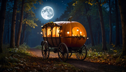 Enchanted Pumpkin Carriage in Autumn Forest at Night