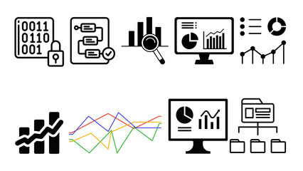 set of icons for web. financial dashboard with colorful charts. Abstract financial dashboard with colorful charts, graphs, and infographic elements in modern style on white background. Concept of data