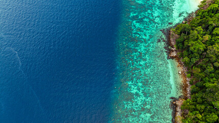 A stunning aerial view of a tropical coastline featuring lush green forest, a vibrant turquoise coral reef, and deep blue ocean waters. the natural beauty of marine and coastal ecosystems.