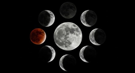 Obraz premium Lunar eclipse cycle showing phases of the moon and blood moon