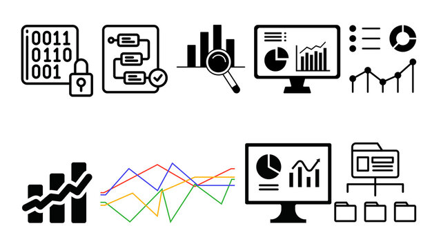 Increase and Decrease icon set. Business growth  Analytics icon with magnifying glass and line chart. Symbol of data analysis, business reporting, performance metrics, dashboard analytics, insights