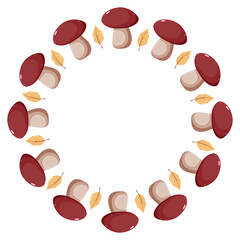 Forest Mushrooms Wreath. Autumn Leaves and Mushrooms Frame. Vector Illustrations.