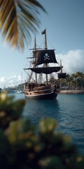 Pirate ship sailing near tropical island with palm trees and clear blue sky