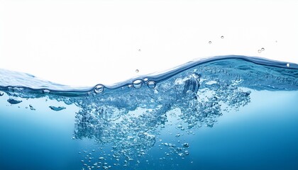 blue pure water wave liquid with drop and bubbles isolated white wide panorama background sea ocean freshness and cosmetics concept background