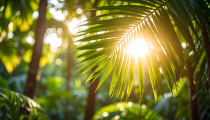 Bright Sunlight Through Palm Leaf in Lush Tropical Setting
