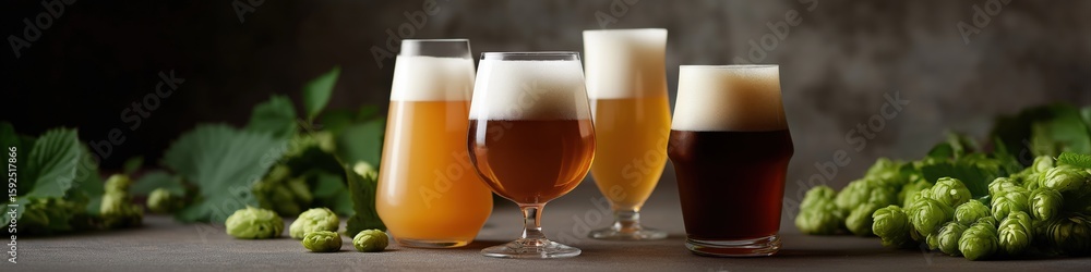 Poster assorted craft beers with fresh hops on rustic tabletop