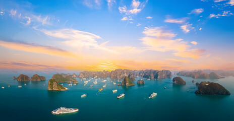 Panorama aerial view of Halong bay in Vietnam at sunset © Parilov