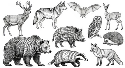 Collection of detailed black and white illustrations of forest wildlife animals