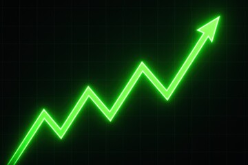 Financial Success Symbolized by Glowing Green Arrow Ascending Dark Grid Background in Digital Growth Concept