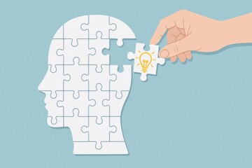 Hand Placing Final Puzzle Piece into Human Head Silhouette Concept of Mental Clarity Pastel Blue Background