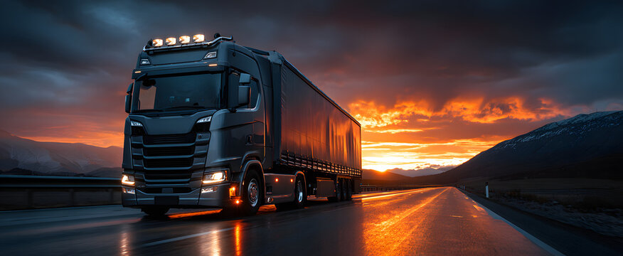 The sleek truck parked on a road during a picturesque sunset.