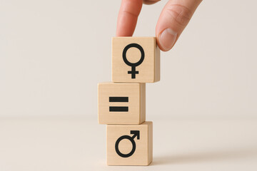 Hand Placing Gender Equality Blocks in the Workplace Minimalist Setting Concept of Diversity and Balance