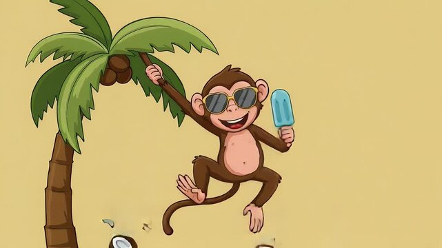 A playful monkey in sunglasses enjoys a popsicle while swinging from a palm tree on a sandy beach. Coconuts scatter around him.  Lighthearted cartoon style.