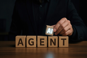 Man Integrating AI Block into Wooden AGENT Letters Office Desk Corporate Environment Symbolic Leadership in Tech Automation