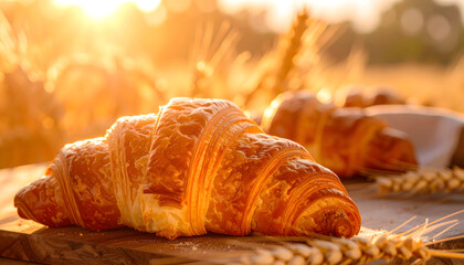 Golden Croissants on Wooden Board at Sunrise in Wheat Field