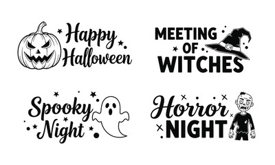 Four Halloween-themed graphic designs featuring a pumpkin, witch, ghost, and zombie, accompanied by spooky phrases.