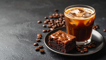 A glass of iced coffee served with a decadent dark chocolate brownie on a plate for a perfect afternoon break