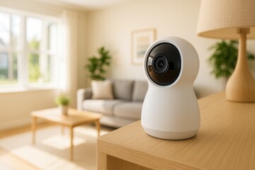 Cozy Living Room with Smart Home Security Camera Modern Home Automation Indoor Setup Bright Sunlit Environment