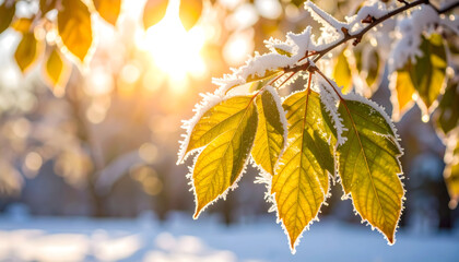 Yellow Leaves Covered in Frost During a Winter Sunset