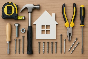 Construction Tools and Fasteners Arranged Neatly with House Model in Workspace for Residential Development