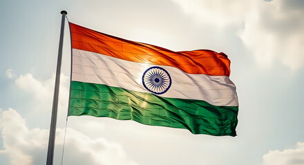The vibrant Indian national flag gracefully waving against a backdrop of soft, cloudy skies embodies patriotism, symbolizing India's rich culture, history, and independence.
