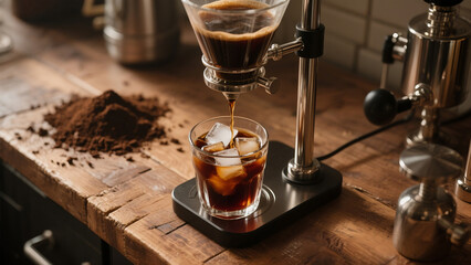 Cold brew coffee maker tower dripping fresh coffee into a decanter in a rustic, artisanal cafe setting