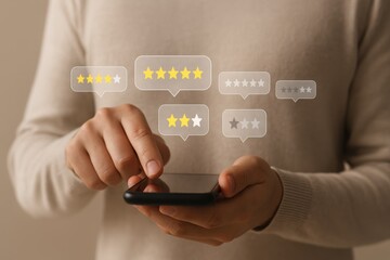 User Engaging with Smartphone for Customer Feedback Evaluation Digital Studio Close-Up View of Holographic Ratings