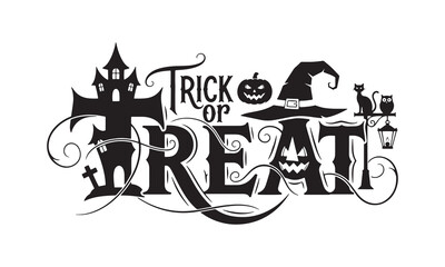 Halloween themed "Trick or Treat" text design with a haunted house, pumpkin, witch hat, cat, and lantern.