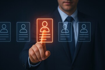 Professional HR Manager Selecting Ideal Candidate from Digital Resume Interface for Recruitment Technology Assessment