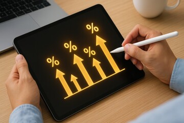 Digital Tablet User Illustrates Golden Growth Arrows with Percent Symbols Modern Workspace Financial Visualization
