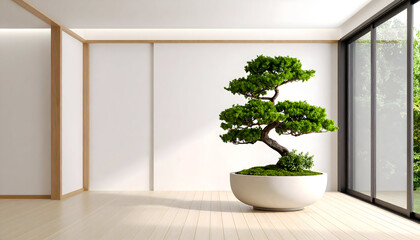 Japanese Minimalist Interior Design with Bonsai Tree