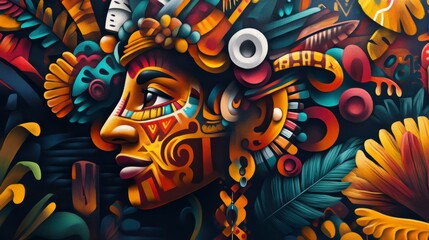 Obraz premium Colorful abstract portrait of a woman with tribal patterns and floral elements.