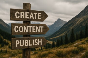 Creative Process Journey Rustic Signpost in Scenic Mountains Outdoor Marketing Metaphor Overcast Sky, CREATE, CONTENT, PUBLISH