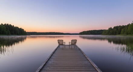 Fototapeta premium Empty chairs on a wooden dock at serene lake sunset